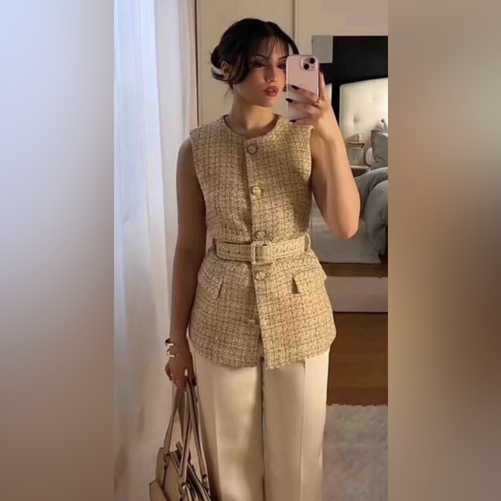 Zara Sleeveless Tweed Belted Vest in Cream and Tan